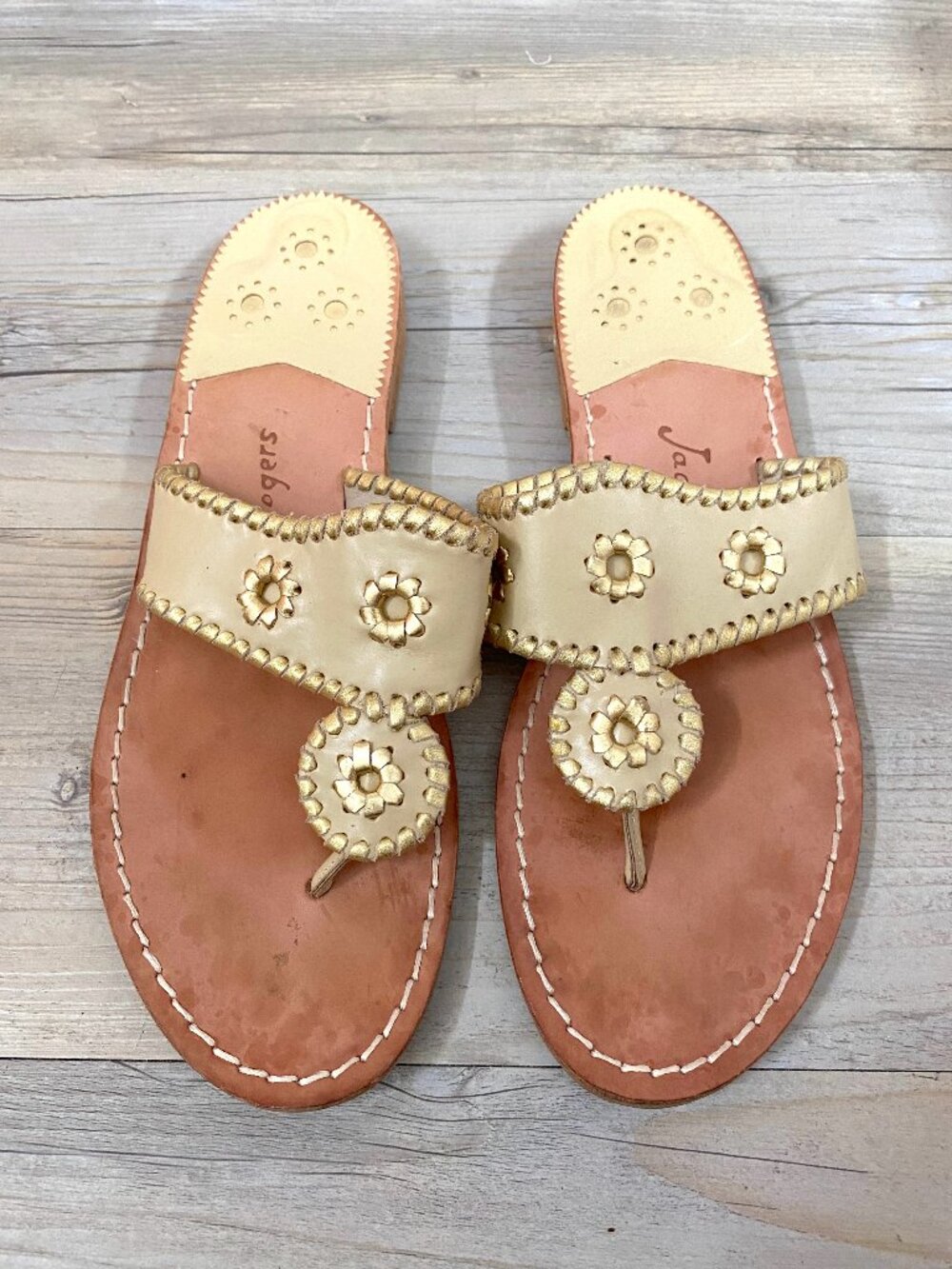Jack Rogers Tan and Gold Sandals Size 10